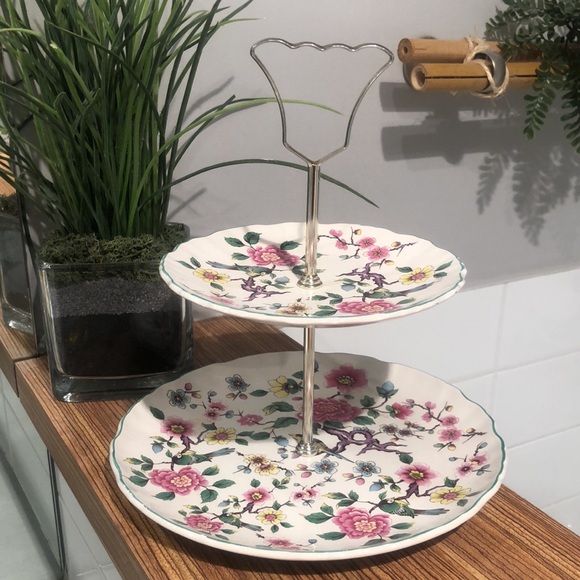 Old Foley 2 tier cake stand Bird and flower pattern/ James Kent - Picture 3 of 10
